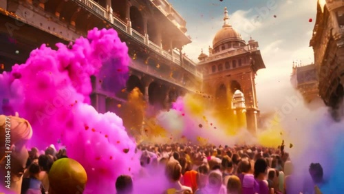 
People celebrate colorful Holi festival in India, annual tourism colors, India