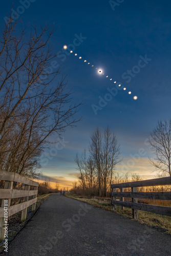 Wide angle composite of the different phases during the total solar eclipse of 2024 over scenic landscape. Quebec Canada  