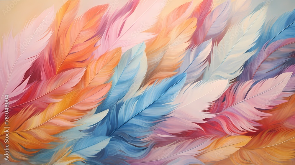 An abstract composition of brightly colored feathers arranged in a dynamic pattern on a plain, neutral-colored background, each feather showcasing its unique texture and hue.