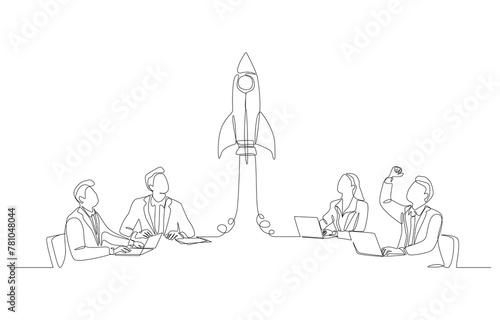 One line 99Continuous one line drawing of business people looking at rocket rising from table, business startup or team innovation concept, single line art.
