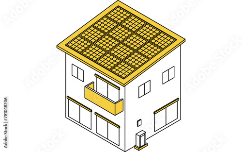 住宅リフォーム、太陽光発電のソーラーパネルをつけた家、シンプルなアイソメトリックイラスト