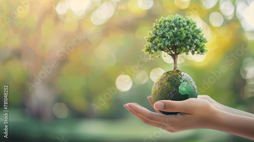 The concept of a greener planet illustrated with a tree growing from an earth-shaped soil clump in a human hand photo