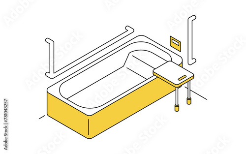 住宅リフォーム、またぎやすい浅い浴槽への交換をする介護リフォーム、シンプルなアイソメトリックイラスト