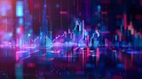 Stock Market Trends Under Blue and Purple Neon Glow, Financial Illustration in Dynamic Perspective and Depth