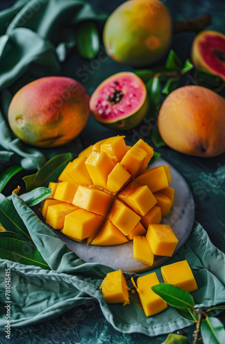 Juicy mango whole and sliced on marble board, guava halves in a tropical setting 