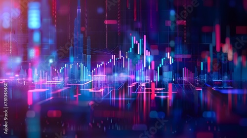 Stock Market Trends Under Blue and Purple Neon Glow, Financial Illustration in Dynamic Perspective and Depth