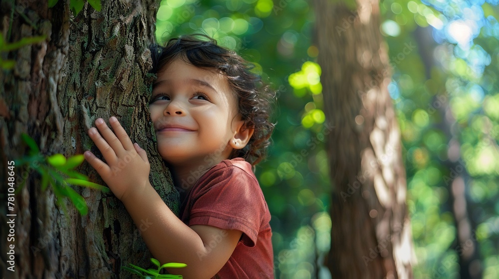 A young child with a heartfelt smile embraces the trunk of a large tree in a lush forest, symbolizing a connection with nature and environmental awareness