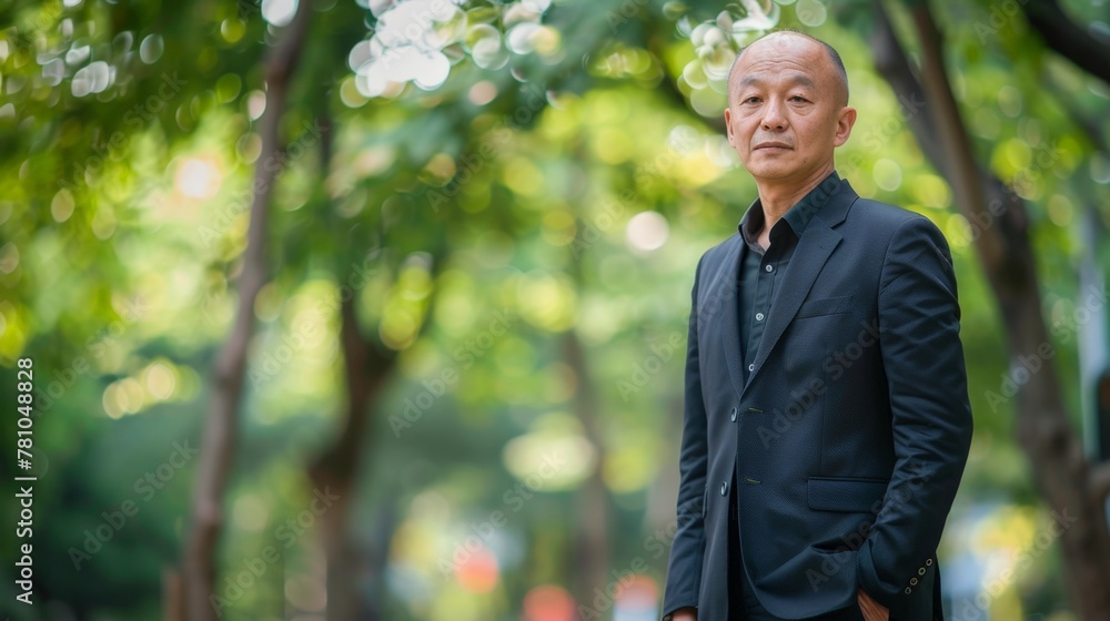 Man in suit standing amidst trees in a park Man in suit standing amidst trees in a park