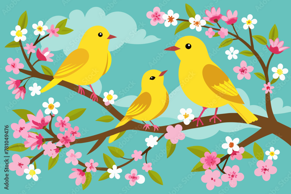 ellow-birds-sitting-on-a-cherry-blossom-tree-bran vector illustration 