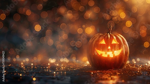 Bokeh background with lights and glittering Halloween pumpkin photo