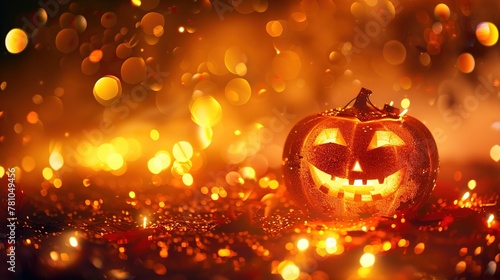 Bokeh background with lights and glittering Halloween pumpkin photo