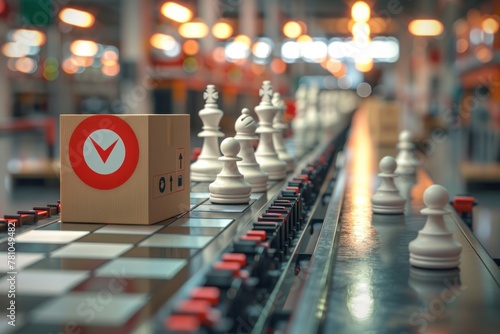 A box with a red circle on it is on a conveyor belt with a row of white chess pi photo
