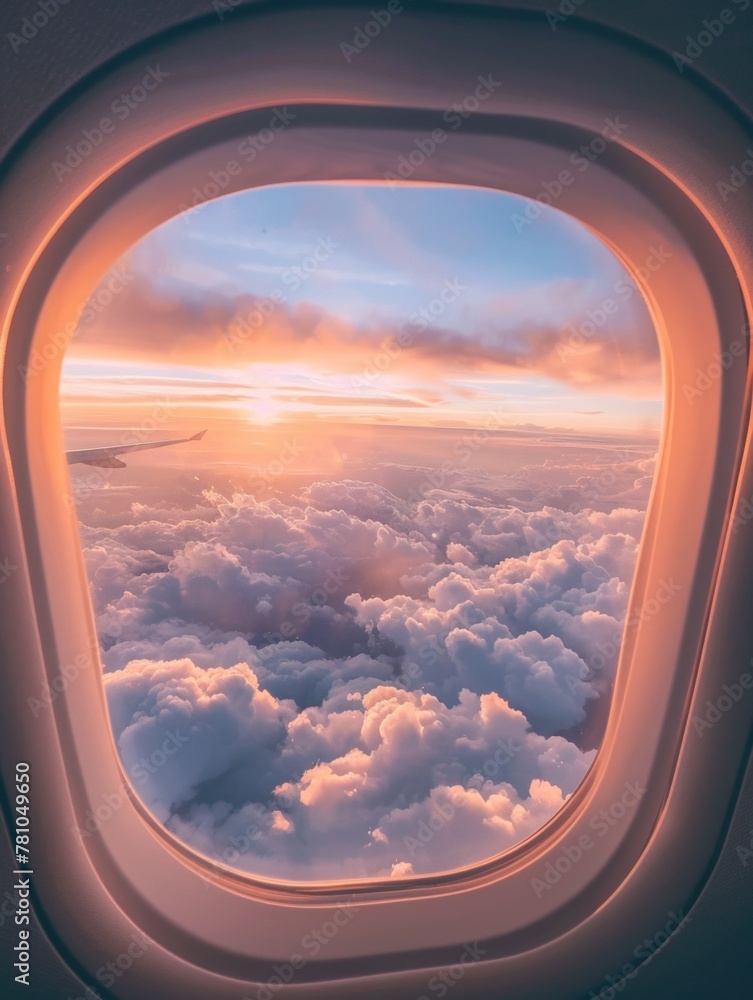 Window view of sky with clouds and sun Window view of sky with clouds and sun