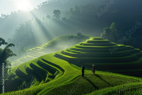Two women are walking through field of green rice paddies photo