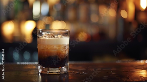 The gritty charm of a dimly lit bar, an Irish Car Bomb cocktail in a clear glass captures the essence of spontaneous nights photo