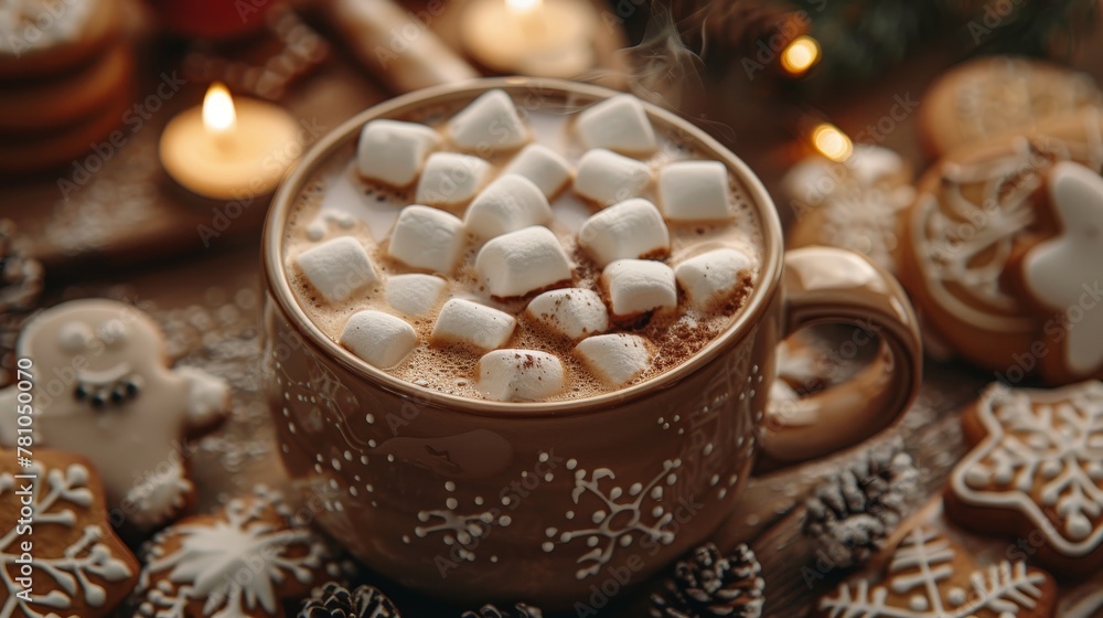 Inviting close-up of a cozy hot chocolate mug, marshmallows bobbing, surrounded by holiday cookies and gingerbread Inviting close-up of a cozy hot chocolate mug, marshmallows bobbing, surrounded by holiday cookies and gingerbread