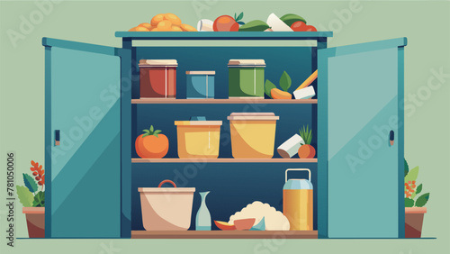 A compost bin overflowing with spoiled food scraps a stark contrast to the organized shelves of canned goods in the pantry emphasizing the