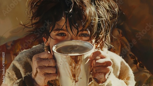 Morning glow on an unkempt kid, messy hair, holding a white mug of chocolate milk with joy