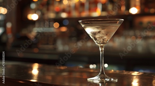 Raw elegance captured in an unkempt martini, clear glass standing out in a dimly lit, modern bar