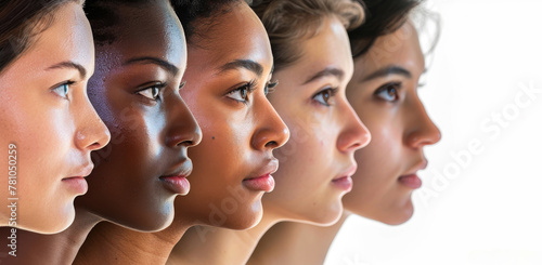 Side Profiles of Five Women Against White Diverse Beauty Racial Diversity Female