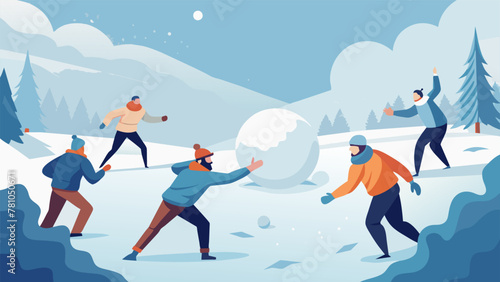 A fierce snowball fight erupts between a group of bundledup friends each trying to outsmart and outmaneuver the others in the midst of a