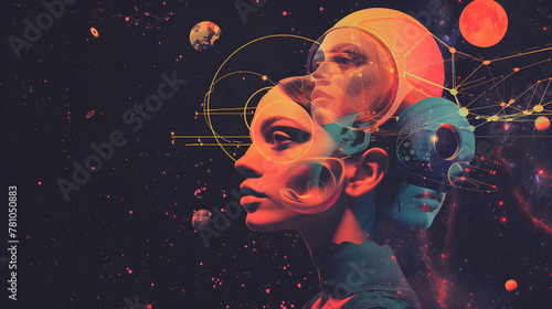 Collage of a woman with a background of stars and space.