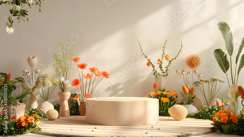 Podium with spring flowers arranged in a decorative vase