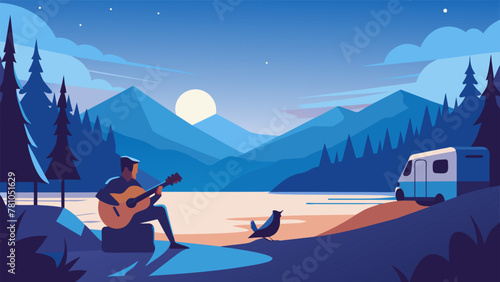As dusk settles in a lone camper sits on the edge of a tranquil lake their guitar in hand. The soft lapping of the water and the occasional