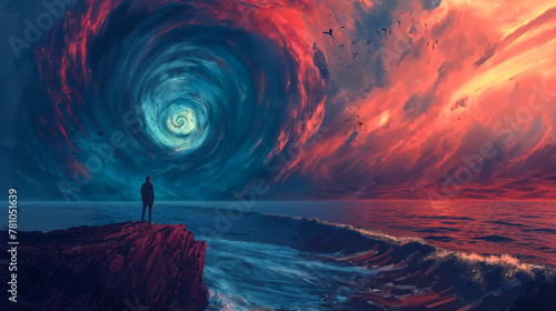 Illustration of Swirling vertex black hole sucking up everything on earth while man watching on cliff near ocean  photo