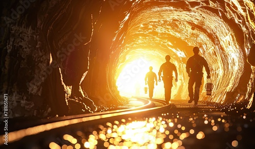 Mining workers come out into the light from the tunnel after a work shift.