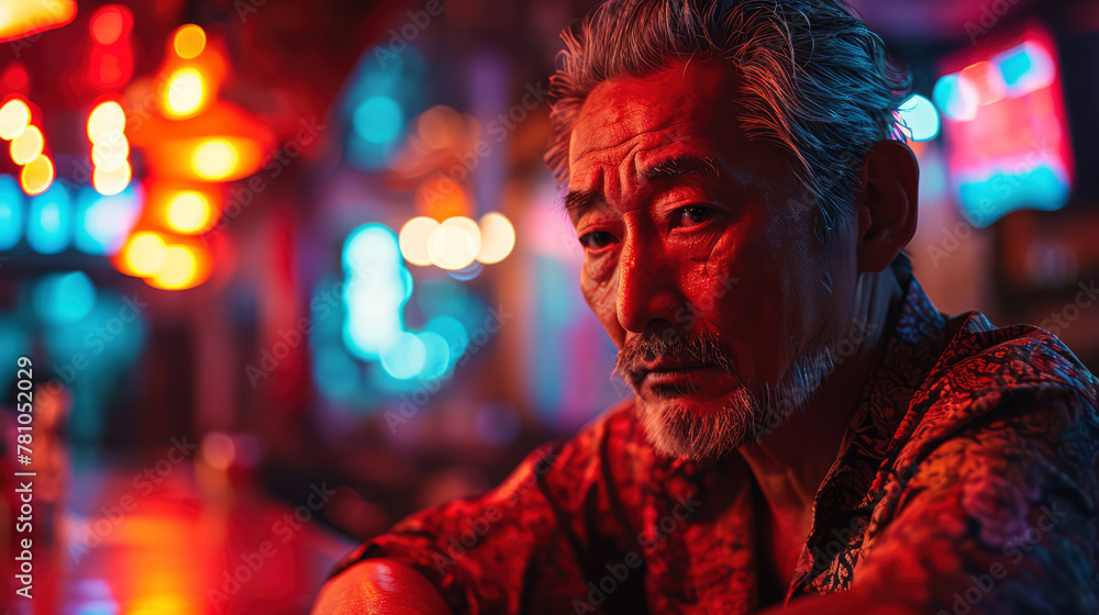 A portrait of a middle-aged Asian man, approximately 60 years old, is depicted seated in a dimly lit night bar. The background is illuminated by spotlights. A portrait of a middle-aged Asian man, approximately 60 years old, is depicted seated in a dimly lit night bar. The background is illuminated by spotlights.