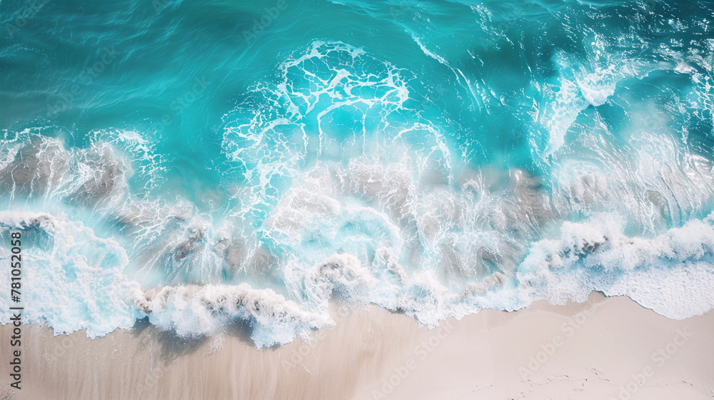 Big waves, white sand, turquoise water at noon (top view). Big waves, white sand, turquoise water at noon (top view).