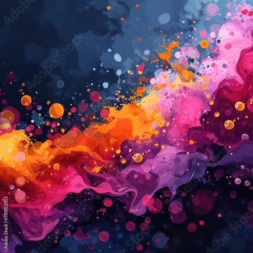a bright colored abstract background with bubbles and splats in the air, in the style of dark blue and pink, curvilinear shapes © Nastassia