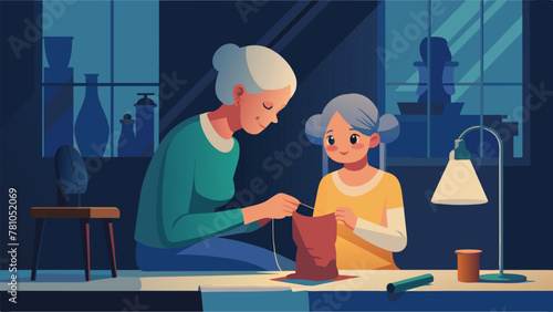 In a quiet corner of the room an elderly woman sits patiently teaching her granddaughter how to knit. The young girls eyes light up as she