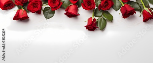 A simplistic arrangement of red roses from a bird's-eye view, offering a clean space for your message. photo
