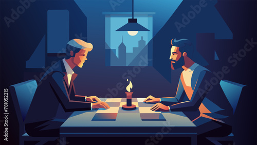 In a dimly lit room the flickering candlelight illuminates the determined faces of two players locked in an intense game of Risk. The