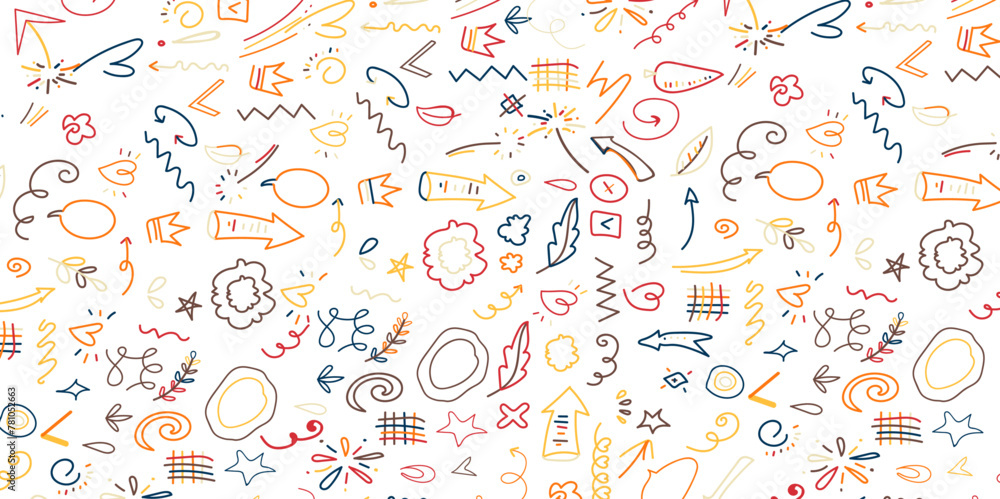 Fun colorful line doodle seamless pattern. Creative minimalist style art background for children or trendy design with basic shapes. Simple childish scribble backdrop.