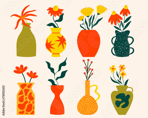 Collection of various abstract plants in geometric vases. Different types of flower bouquets vector illustration set in cartoon, groovy, funky style. Spring, summer floral elements stickers bundle 
