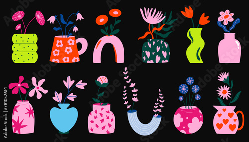 Collection of various abstract plants in geometric vases. Different types of flower bouquets vector illustration large set in cartoon groovy funky style. Spring, summer floral elements stickers bundle