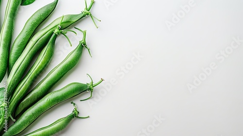 Notorious for their high nutritional content, green beans are structured in a row over a white setting and space, Generative AI.