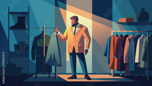 In a dimly lit corner of the thrift store a stylish hipster carefully peruses the racks of clothing searching for the perfect piece to add to