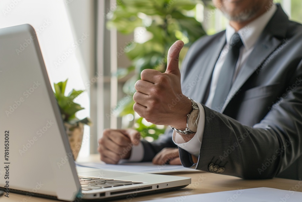 A man in a suit is giving a thumbs up while sitting at a desk with a laptop A man in a suit is giving a thumbs up while sitting at a desk with a laptop