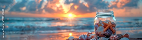 A glass jar, filled with a colorful collection of seashells, sits atop a driftwood table by the shoreline, each shell a memento of the oceans treasures, set against the vibrant hues of a setting sun photo