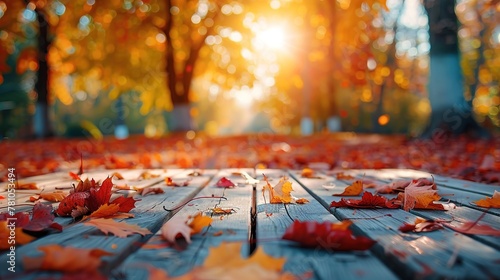 A scattering of colorful autumn leaves on a rustic wooden surface photo