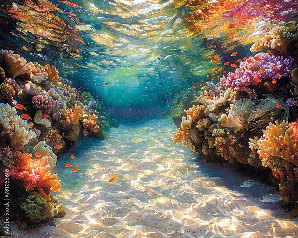 The shallow waters of a tidal pool, illuminating the vibrant hues of coral and the shimmering scales of tropical fish, a serene snapshot of natures diversity tucked away at the waters edge - obrazy, fototapety, plakaty 