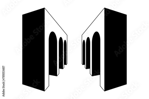 Linear arc gallery path. Black and white surreal arch gate element. Retro 3d vaulted arcade in perspective. Vintage colonnade tunnel concept for collage, poster, banner, brochure, leaflet. Vector art