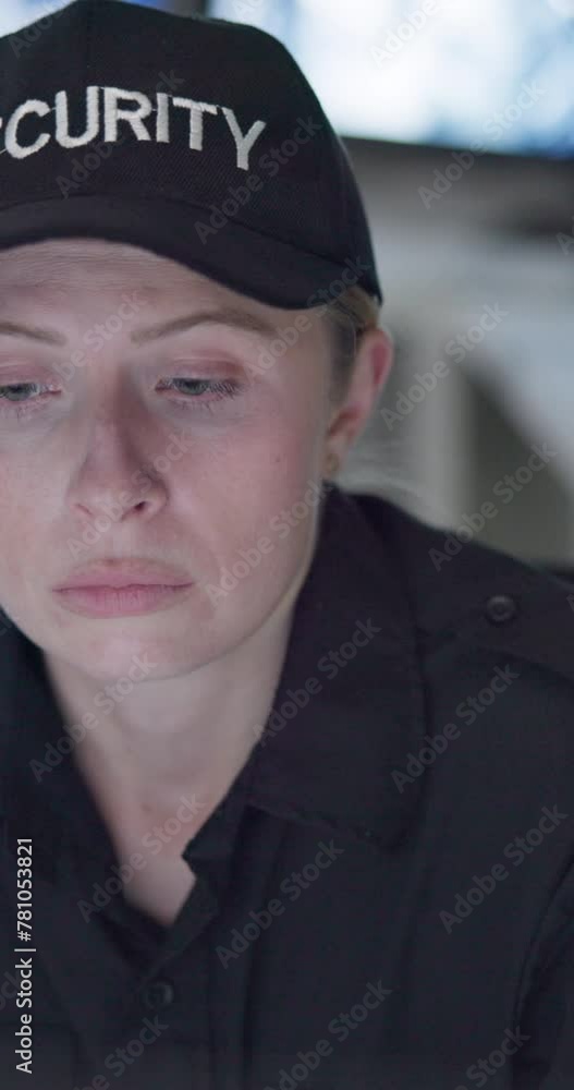 Security guard, woman and tired in control room by computer for surveillance, exhausted or burnout at job. Person, agent or thinking with fatigue at pc on night watch for protection services company Security guard, woman and tired in control room by computer for surveillance, exhausted or burnout at job. Person, agent or thinking with fatigue at pc on night watch for protection services company