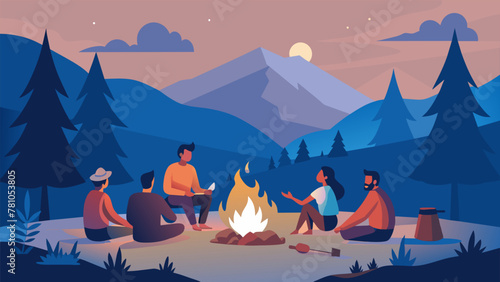 A family gathered around a campfire roasting marshmallows and taking turns rolling the dice in a game of Life as they reflect on their own