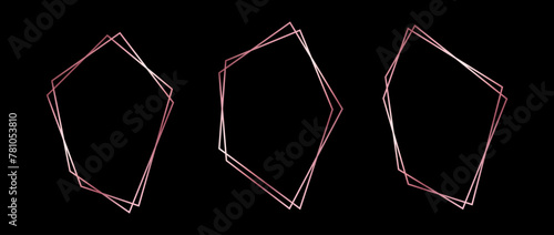 Rose gold thin frame set. Pink gold foil geometric borders in art deco style. Thin linear irregular square elements. Glowing shiny boarder element pack. Vector bundle for photo, cadre, decoration