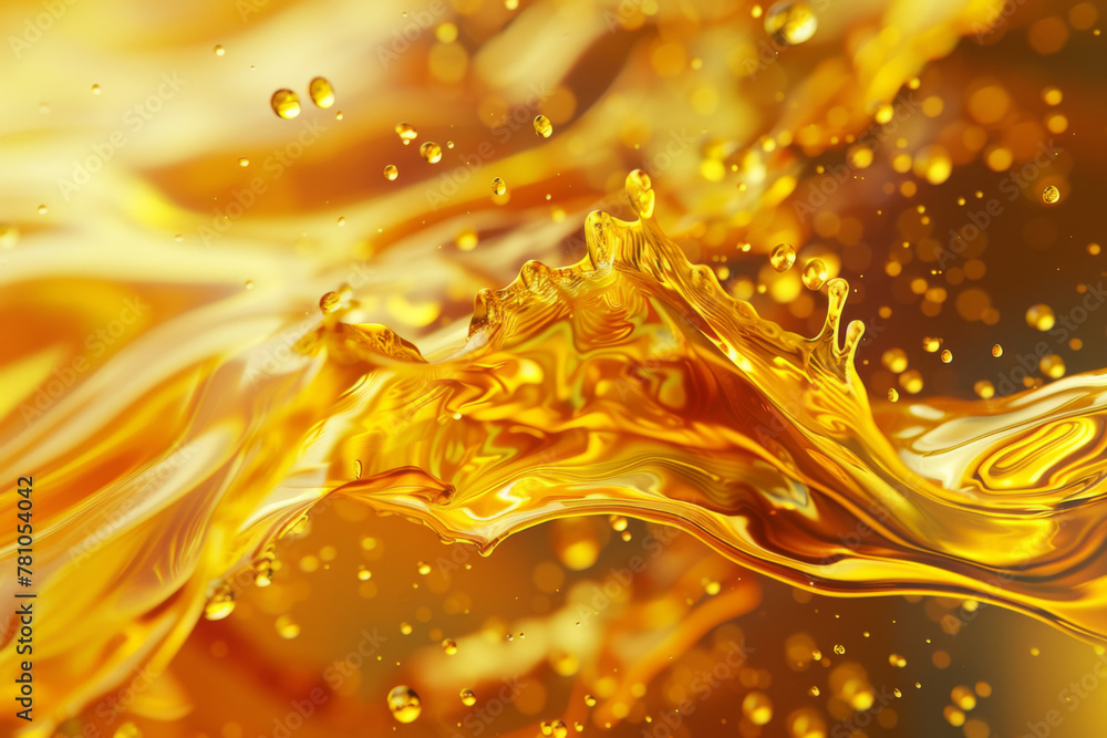 3D rendering of a golden oil splash on a white background, with a stack and spiral effect 3D rendering of a golden oil splash on a white background, with a stack and spiral effect